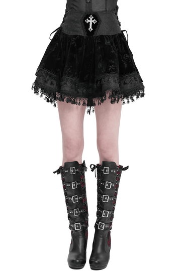 Black Velvet Skirt with Lace-Up Front and Cross Detail